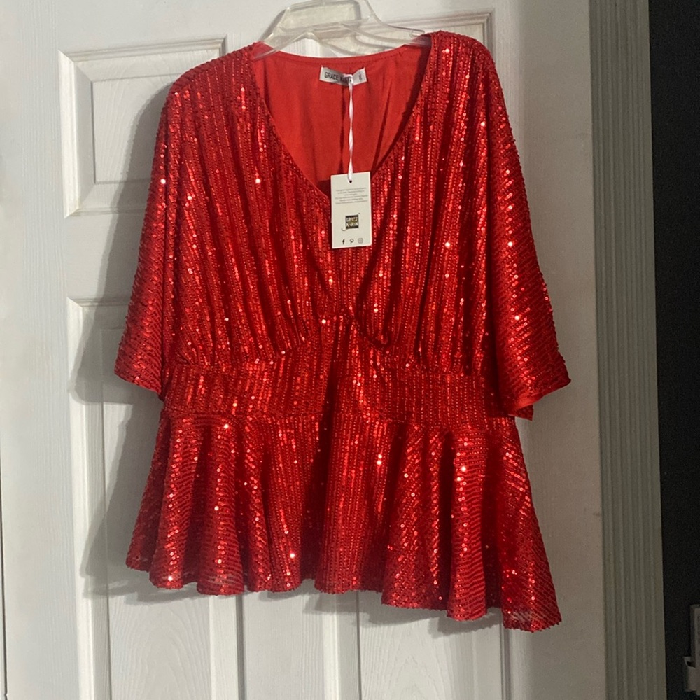 Grace Karin Red V neck Sequin Top Size 2XL flared bottom with side zipper